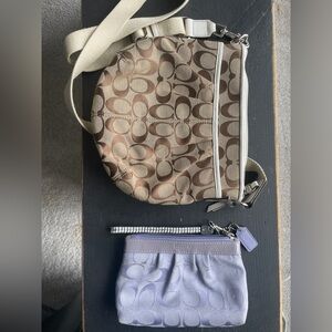 Genuine Coach tan with brown  Crossbody Bag plus small wristlet or makeup Set